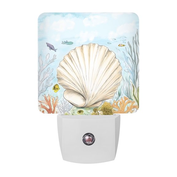 Night Lights Plug into Wall, Coastal Shell LED Night Light with Dusk to Dawn Sensor, Summer Beach Blue Nautical Coral Decorative Nightlight for Hallway Bathroom Kitchen