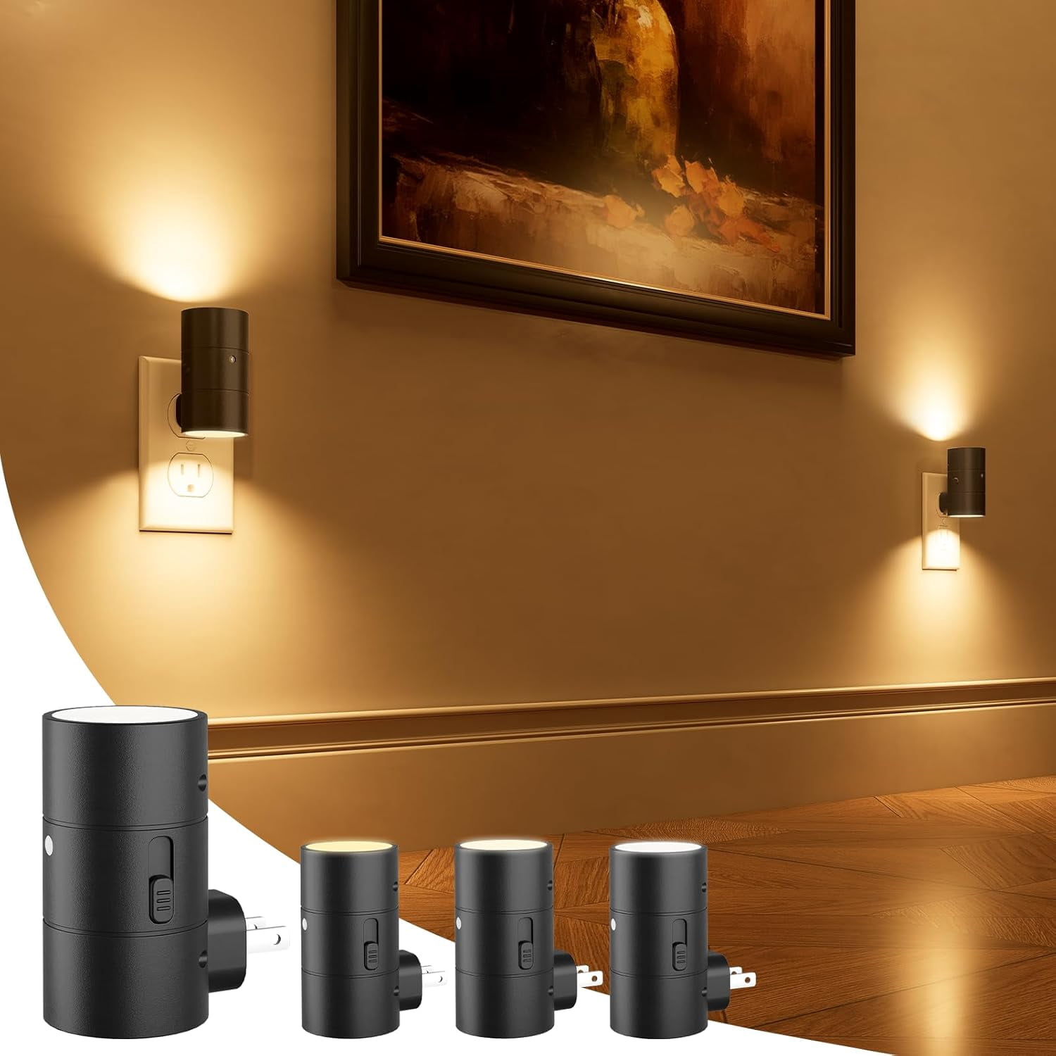 Night Lights Plug into Wall, Dimmable with 3 Color Modes & Auto On/Off Sensor, Ultra-Slim Nightlight for Hallway, Bathroom, Bedroom, Nursery, Kitchen (4 Pack, Black)