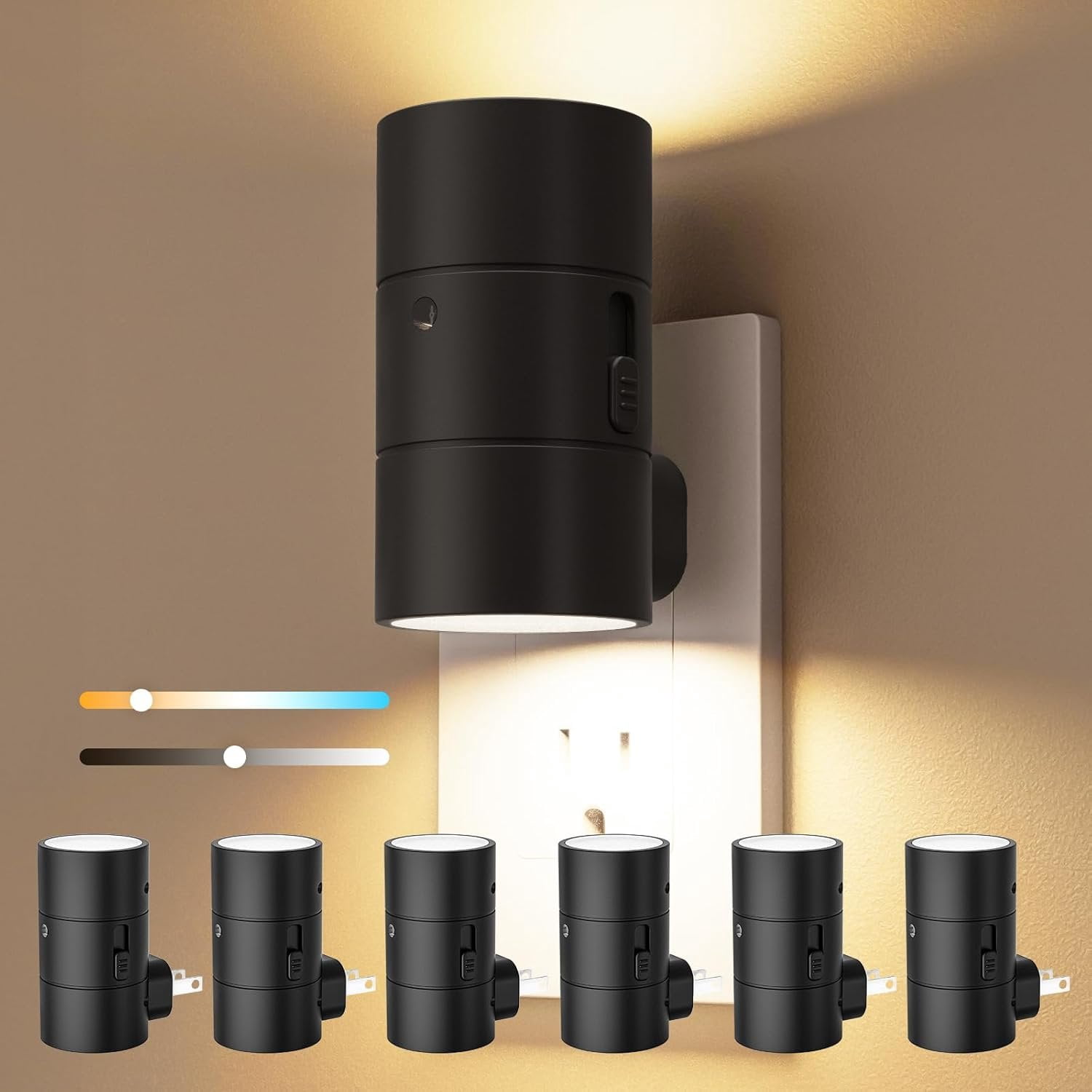 Night Lights Plug into Wall, Dimmable LED Nightlight with Dusk to  Light Sensor, 0-100LM Adjustable Brightness, 3 Color Temperatures, Compact Size Black 6 Pack for Hallway,Bedroom,Bathroom
