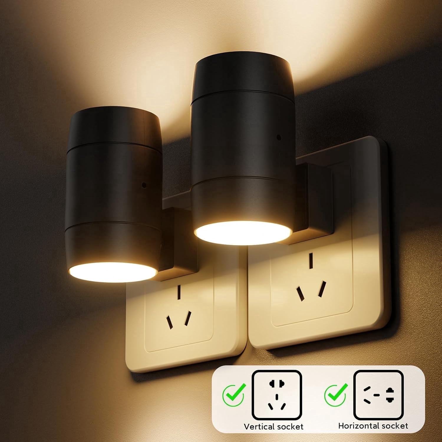 Night Lights Plug into Wall, Dimmable LED Nightlight, Rotatable 270 Wall Lights 0-100LM Adjustable Brightness, 3 Color Temperatures, Compact Size Black 2 Pack for Hallway,Bedroom, Bathroom