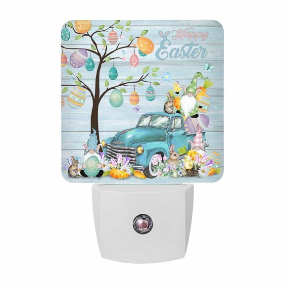 Night Lights Plug into Wall, Easter LED Night Light with Dusk to Dawn Sensor, Turquoise Truck Eggs Gnomes Rabbit Wooden Grain Decorative Nightlight for Hallway Bathroom Kitchen
