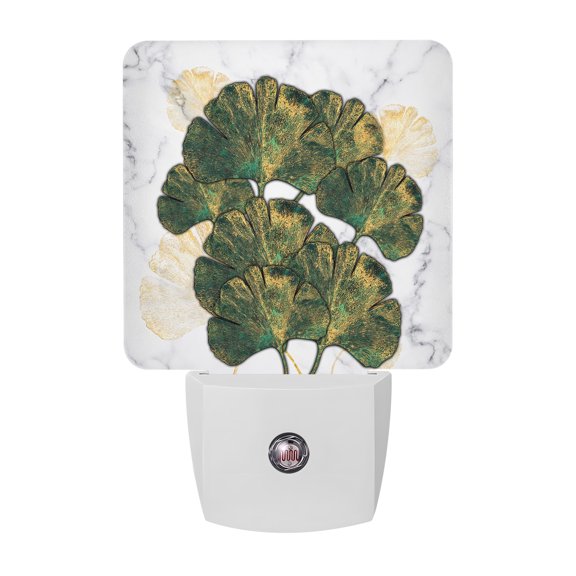 Night Lights Plug into Wall, Ginkgo Leaves LED Night Light with Dusk to Dawn Sensor, Marble Modern Abstract Art Green Golden Decorative Nightlight for Hallway Bathroom Kitchen