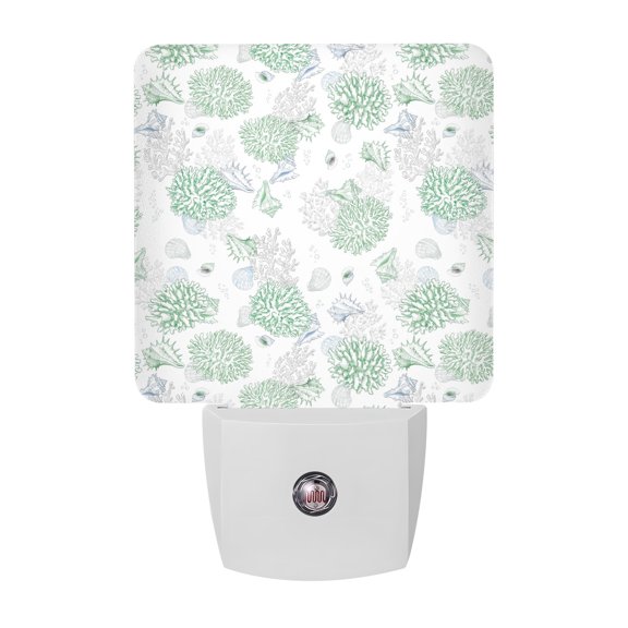 Night Lights Plug into Wall, Green Gray Coastal LED Night Light with Dusk to Dawn Sensor, Summer Beach Ocean Coral Conch Shell Decorative Nightlight for Hallway Bathroom Kitchen