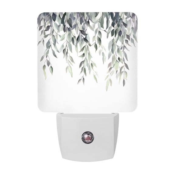 Night Lights Plug into Wall, Green Gray Leaves LED Night Light with Dusk to Dawn Sensor, Vintage Rustic Botanical Vines Branches Decorative Nightlight for Hallway Bathroom Kitchen