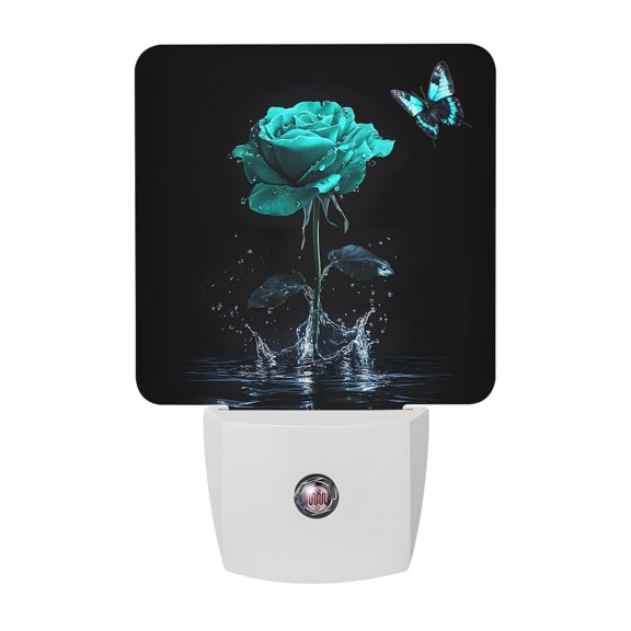 Night Lights Plug into Wall, Green Roses LED Night Light with Dusk to Dawn Sensor, Modern Art Splash Flowers Butterfly Decorative Nightlight for Hallway Bathroom Kitchen