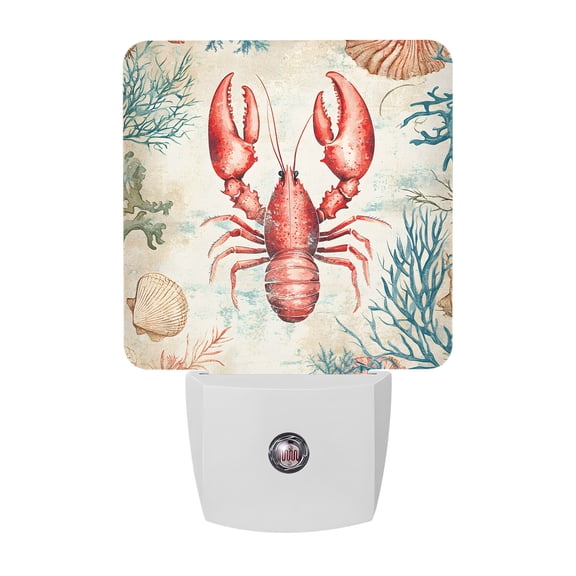 Night Lights Plug into Wall, Lobster Coastal LED Night Light with Dusk to Dawn Sensor, Nautical Beach Coral Shell Ocean Retro Decorative Nightlight for Hallway Bathroom Kitchen