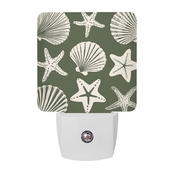 Night Lights Plug into Wall, Moss Green Coastal Starfish LED Night Light with Dusk to Dawn Sensor, Ocean Sea Shells Nautical Marine Decorative Nightlight for Hallway Bathroom Kitchen