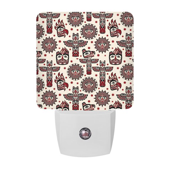 Night Lights Plug into Wall, Native Totem LED Night Light with Dusk to Dawn Sensor, Ethnic Boho Tribal Earthy Red Beige Abstract Decorative Nightlight for Hallway Bathroom Kitchen