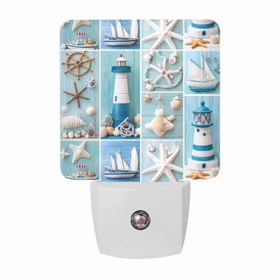 Night Lights Plug into Wall, Nautical Lighthouse LED Night Light with Dusk to Dawn Sensor, Ocean Starfish Anchor Sailboat Shell Decorative Nightlight for Hallway Bathroom Kitchen