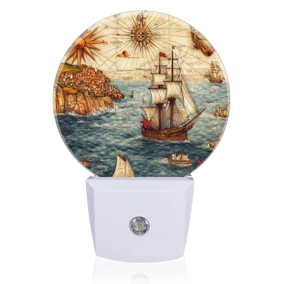 Light Sensor of LED Night Light, Nautical Map Illustration In Ancient Style Night Light Plug Into Wall for Kids Room, Bedroom, Bathroom, Kitchen