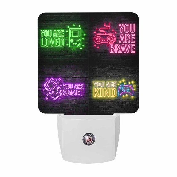 Night Lights Plug into Wall, Neon Video Game LED Night Light with Dusk to Dawn Sensor, Cartoon Funny Colorful Text Gaming Brick Decorative Nightlight for Hallway Bathroom Kitchen