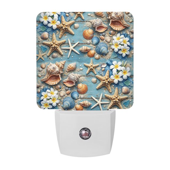 Night Lights Plug into Wall, Ocean Beach Shells LED Night Light with Dusk to Dawn Sensor, Vintage Coastal Conch Starfish Flower Blue Decorative Nightlight for Hallway Bathroom Kitchen