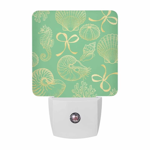 Night Lights Plug into Wall, Ocean Conch Shell LED Night Light with Dusk to Dawn Sensor, Coastal Seahorse Coral Bows Vintage Green Decorative Nightlight for Hallway Bathroom Kitchen