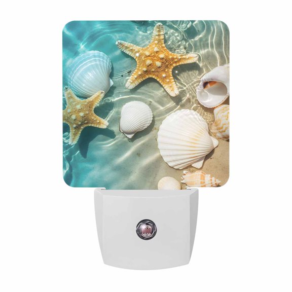 Night Lights Plug into Wall, Ocean Shell LED Night Light with Dusk to Dawn Sensor, Beach Starfish Sea Water Sand Shore Decorative Nightlight for Hallway Bathroom Kitchen
