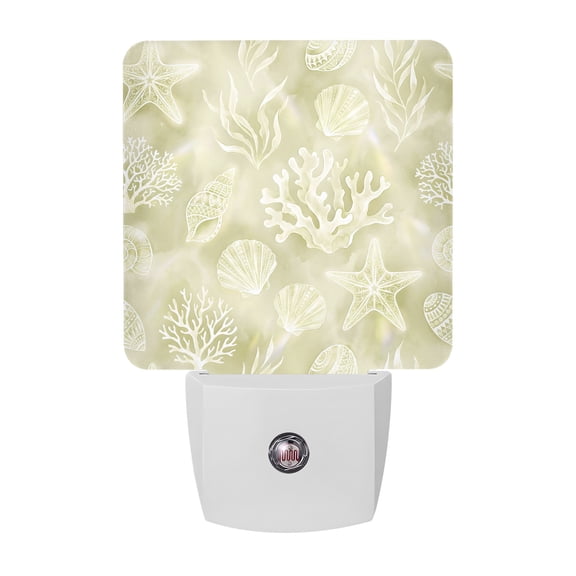 Night Lights Plug into Wall, Ocean Shells LED Night Light with Dusk to Dawn Sensor, Yellow Green Summer Coastal Starfish Conch Decorative Nightlight for Hallway Bathroom Kitchen