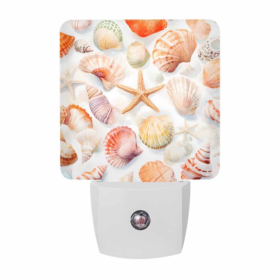 Night Lights Plug into Wall, Orange Shells Coastal LED Night Light with Dusk to Dawn Sensor, Summer Beach Starfish Watercolor Decorative Nightlight for Hallway Bathroom Kitchen