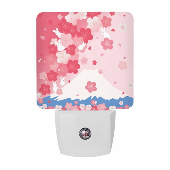 Night Lights Plug into Wall, Pink Cherry Blossoms LED Night Light with Dusk to Dawn Sensor, Harmony Mountain Fuji Cute Rabbit Decorative Nightlight for Hallway Bathroom Kitchen