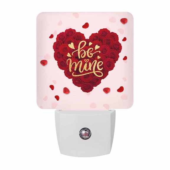 Night Lights Plug into Wall, Pink Valentine's Day LED Night Light with Dusk to Dawn Sensor, Red Roses Love Hearts Romantic Decorative Nightlight for Hallway Bathroom Kitchen