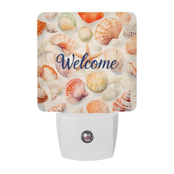 Night Lights Plug into Wall, Red Orange Shell Coastal LED Night Light with Dusk to Dawn Sensor, Summer Beach Ocean Starfish Decorative Nightlight for Hallway Bathroom Kitchen