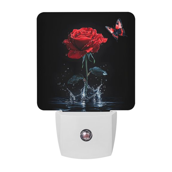 Night Lights Plug into Wall, Red Roses LED Night Light with Dusk to Dawn Sensor, Modern Art Splash Flowers Butterfly Decorative Nightlight for Hallway Bathroom Kitchen