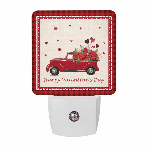 Night Lights Plug into Wall, Red Valentine's Day LED Night Light with Dusk to Dawn Sensor, Roses Truck Romantic Love Heart Truck Decorative Nightlight for Hallway Bathroom Kitchen