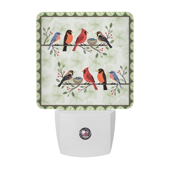 Night Lights Plug into Wall, Rustic Cardinal Bird LED Night Light with Dusk to Dawn Sensor, Green Leaves Branches Country Berries Decorative Nightlight for Hallway Bathroom Kitchen