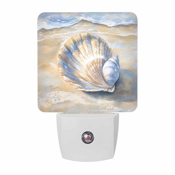 Night Lights Plug into Wall, Shell Coastal LED Night Light with Dusk to Dawn Sensor, Blue Yellow Summer Beach Nautical Ocean Decorative Nightlight for Hallway Bathroom Kitchen