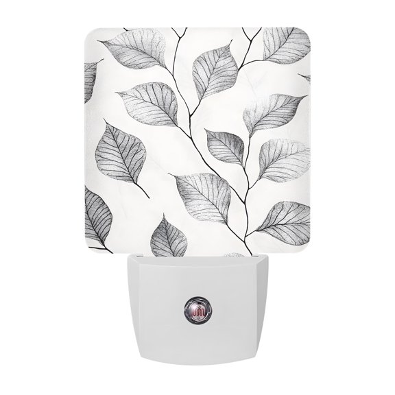 Night Lights Plug into Wall, Silver Gray Leaves LED Night Light with Dusk to Dawn Sensor, Retro Rustic Botanical Branches Decorative Nightlight for Hallway Bathroom Kitchen