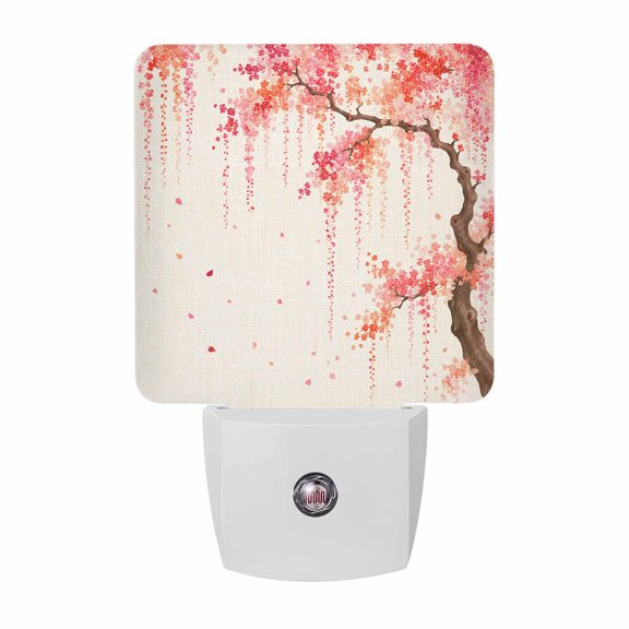 Night Lights Plug into Wall, Spring Floral LED Night Light with Dusk to Dawn Sensor, Pink Weeping Cherry Blossom Branches Beige Decorative Nightlight for Hallway Bathroom Kitchen