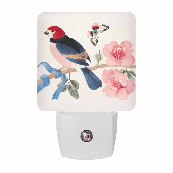 Night Lights Plug into Wall, Spring Pink Floral LED Night Light with Dusk to Dawn Sensor, Butterfly Birds on Branch Funny Rustic Decorative Nightlight for Hallway Bathroom Kitchen