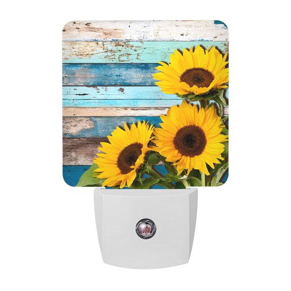 Night Lights Plug into Wall, Spring Sunflowers LED Night Light with Dusk to Dawn Sensor, Yellow Floral Turquoise Farmhouse Wood Grain Decorative Nightlight for Hallway Bathroom Kitchen