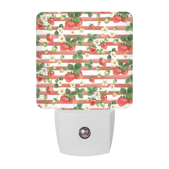 Night Lights Plug into Wall, Strawberry LED Night Light with Dusk to Dawn Sensor, Fruits Green Palm Leaves Red Striped Decorative Nightlight for Hallway Bathroom Kitchen