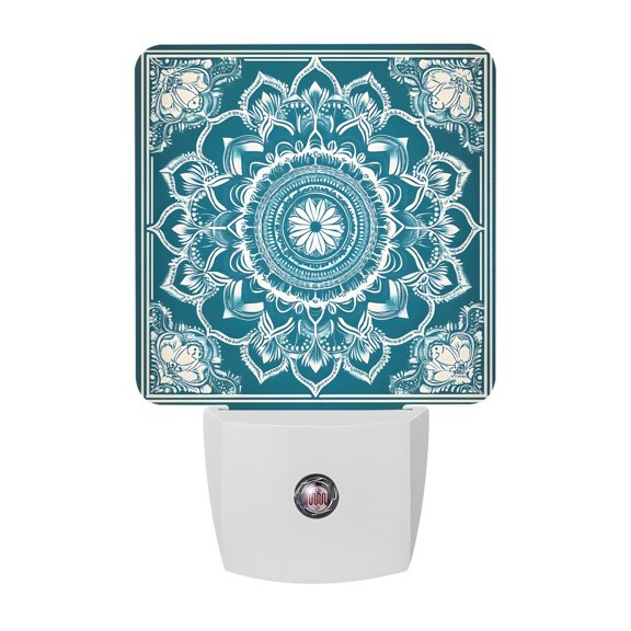 Night Lights Plug into Wall, Teal Boho LED Night Light with Dusk to Dawn Sensor, Ethnic Chic Rustic Abstract Floral Aesthetic Decorative Nightlight for Hallway Bathroom Kitchen