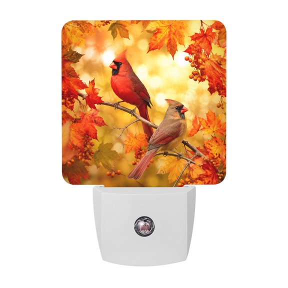 Night Lights Plug into Wall, Thanksgiving Fall LED Night Light with Dusk to Dawn Sensor, Rustic Cardinal Maple Leaves Branches Decorative Nightlight for Hallway Bathroom Kitchen