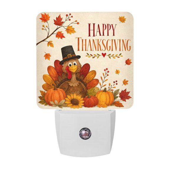 Night Lights Plug into Wall, Turkey Thanksgiving LED Night Light with Dusk to Dawn Sensor, Fall Rustic Pumpkins Branches Leaves Decorative Nightlight for Hallway Bathroom Kitchen