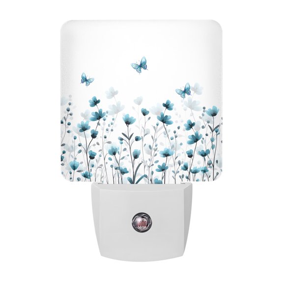 Night Lights Plug into Wall, Turquoise Floral Butterfly LED Night Light with Dusk to Dawn Sensor, Spring Rustic Botanical Flowers Decorative Nightlight for Hallway Bathroom Kitchen