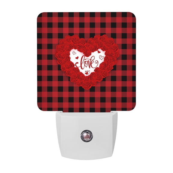 Night Lights Plug into Wall, Valentine's Day LED Night Light with Dusk to Dawn Sensor, Love Heart Romantic Red Black Plaid Decorative Nightlight for Hallway Bathroom Kitchen