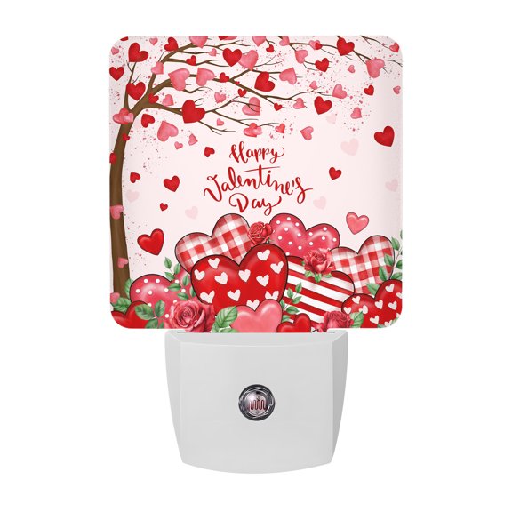Night Lights Plug into Wall, Valentine's Day LED Night Light with Dusk to Dawn Sensor, Red Striped Love Heart Tree Romantic Decorative Nightlight for Hallway Bathroom Kitchen