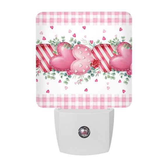 Night Lights Plug into Wall, Valentines Day LED Night Light with Dusk to Dawn Sensor, Modern Love Heart Eucalyptus Leaf Pink Plaid Decorative Nightlight for Hallway Bathroom Kitchen
