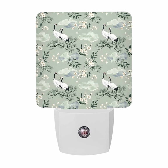 Night Lights Plug into Wall, White Crane LED Night Light with Dusk to Dawn Sensor, Japanese Chery Blossom Green Pine Needles Leaves Decorative Nightlight for Hallway Bathroom Kitchen