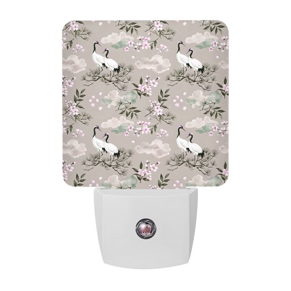 Night Lights Plug into Wall, White Crane LED Night Light with Dusk to Dawn Sensor, Pink Chery Blossom Vintage Pine Banches Cloud Decorative Nightlight for Hallway Bathroom Kitchen