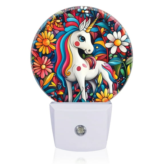 Light Sensor of LED Night Light, White Unicorn With Colorful Flowers Night Light Plug Into Wall for Kids Room, Bedroom, Bathroom, Kitchen