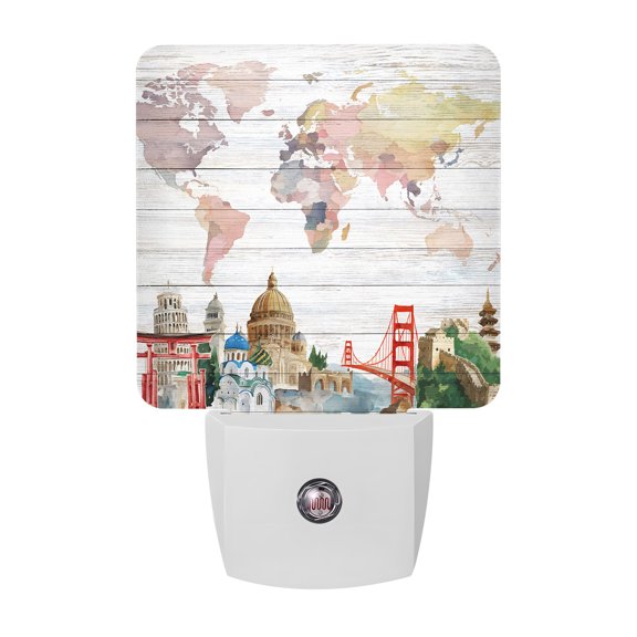 Night Lights Plug into Wall, World Map LED Night Light with Dusk to Dawn Sensor, Country Famous Building Tourism Bridge Wooden Decorative Nightlight for Hallway Bathroom Kitchen