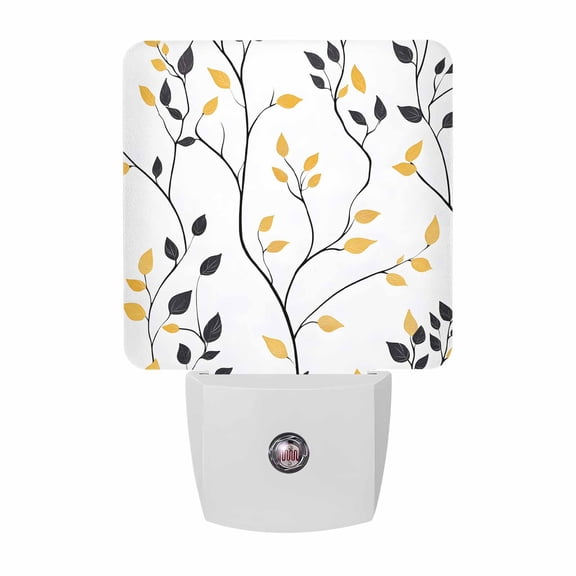 Night Lights Plug into Wall, Yellow Black Leaves LED Night Light with Dusk to Dawn Sensor, Rustic Branches Botanical Decorative Nightlight for Hallway Bathroom Kitchen