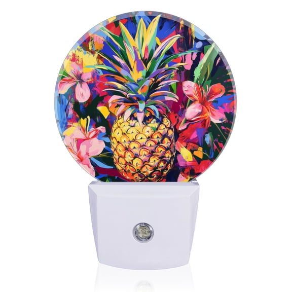 Night Lights Plug Into Wall, Yellow Pineapple Surrounded By Colorful Flowers LED Night Lights Lamp with Dusk to Dawn Sensor for Kids Room, Bedroom, Bathroom, Kitchen, Hallway