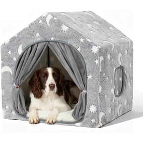 Night-Luminous Star Dog Tent with Frame Washable Cave Bed for Small and Medium Dogs Size L (25"25"25") Grey