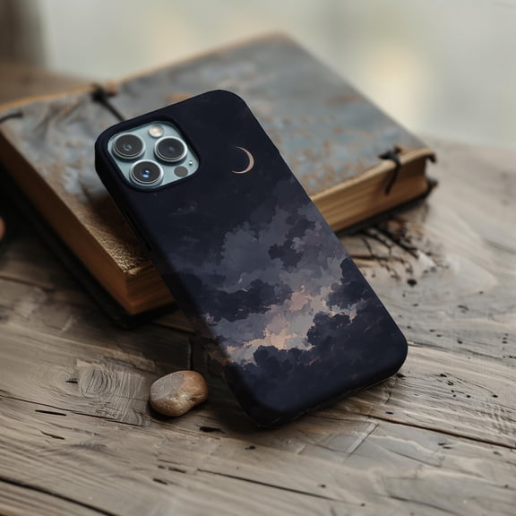 Night Moon Celestial Phone Case For iPhone Samsung Hard Plastic Cover Faded Clouds Dreamy Sky Art Gift