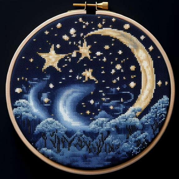 Night Moon Shining Stars Stamped Cross Stitch Kits for Beginners Easy with Hoop 11CT Needlepoint Embroidery DIY Counted Cross Stitch Kits Art Craft Wall Decoration 35x35cm(1)