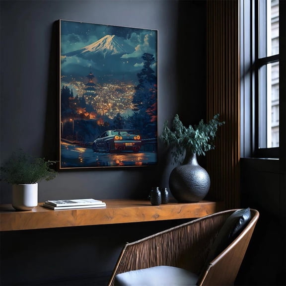 Night Mountain Cityscape Wall Art, Sports Car Overlook Poster, Neon Blue Portrait Decor Home Decor, 12x18 UNFRAMED