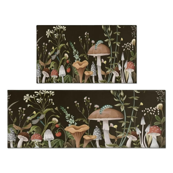 Night Mushrooms Kitchen Mat 2 Pcs Set Anti Fatigue Cushioned Waterproof Non Slip Comfort Standing Padded Floor Mats Rugs Farmhouse Decor